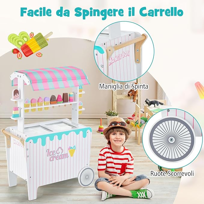 Carretto per Gelato con Accessori per Bambini, Giocattolo Educativo di Carretto per Gelato con Scaffale per l'Esposizione, Compartimento di Congelamento Simulato, con 2 Ruote, 3 Anni+