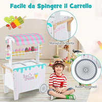 Carretto per Gelato con Accessori per Bambini, Giocattolo Educativo di Carretto per Gelato con Scaffale per l'Esposizione, Compartimento di Congelamento Simulato, con 2 Ruote, 3 Anni+