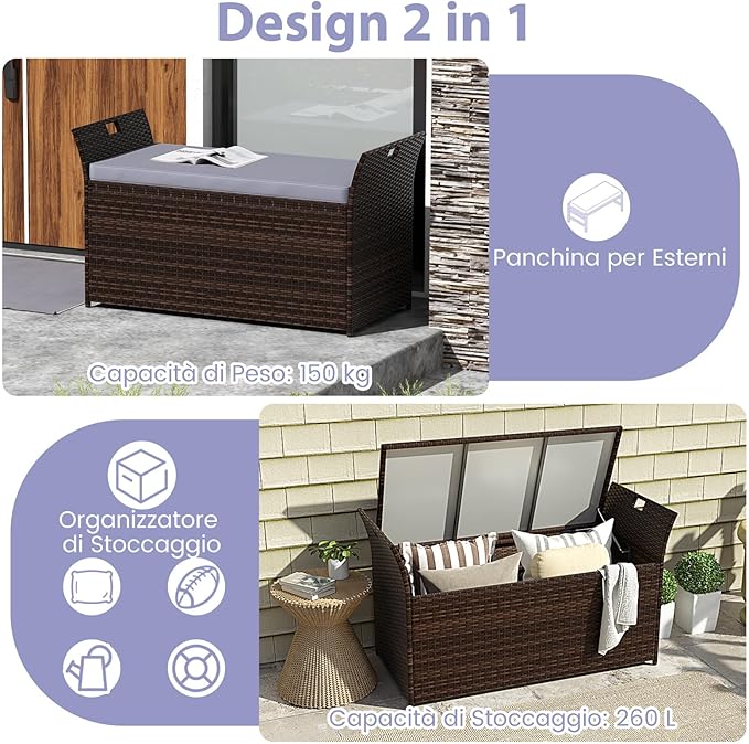 Baule da Giardino 260 L in Rattan PE, Cassapanca Contenitore da Esterno con Cuscino e Maniglie Laterali, per Interni e Esterni, 125 x 56 x 71 cm (Modello 10)