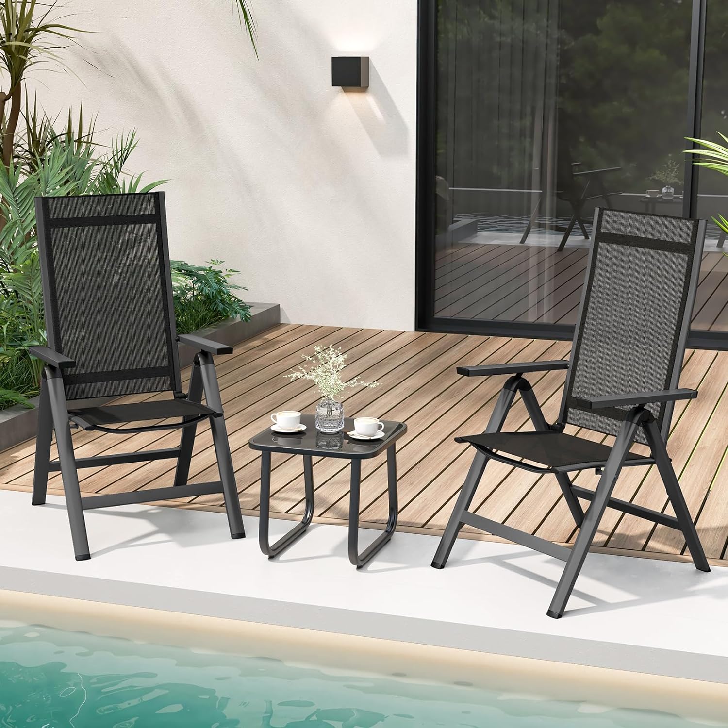 Sedie Pieghevoli da Patio, Sedie in Metallo con Schienale Regolabile su 7 Posizioni, Braccioli, Sedie Reclinabili Portatili per Giardino, Veranda, Piscina, 72,5 x 58 x 107 cm (2)