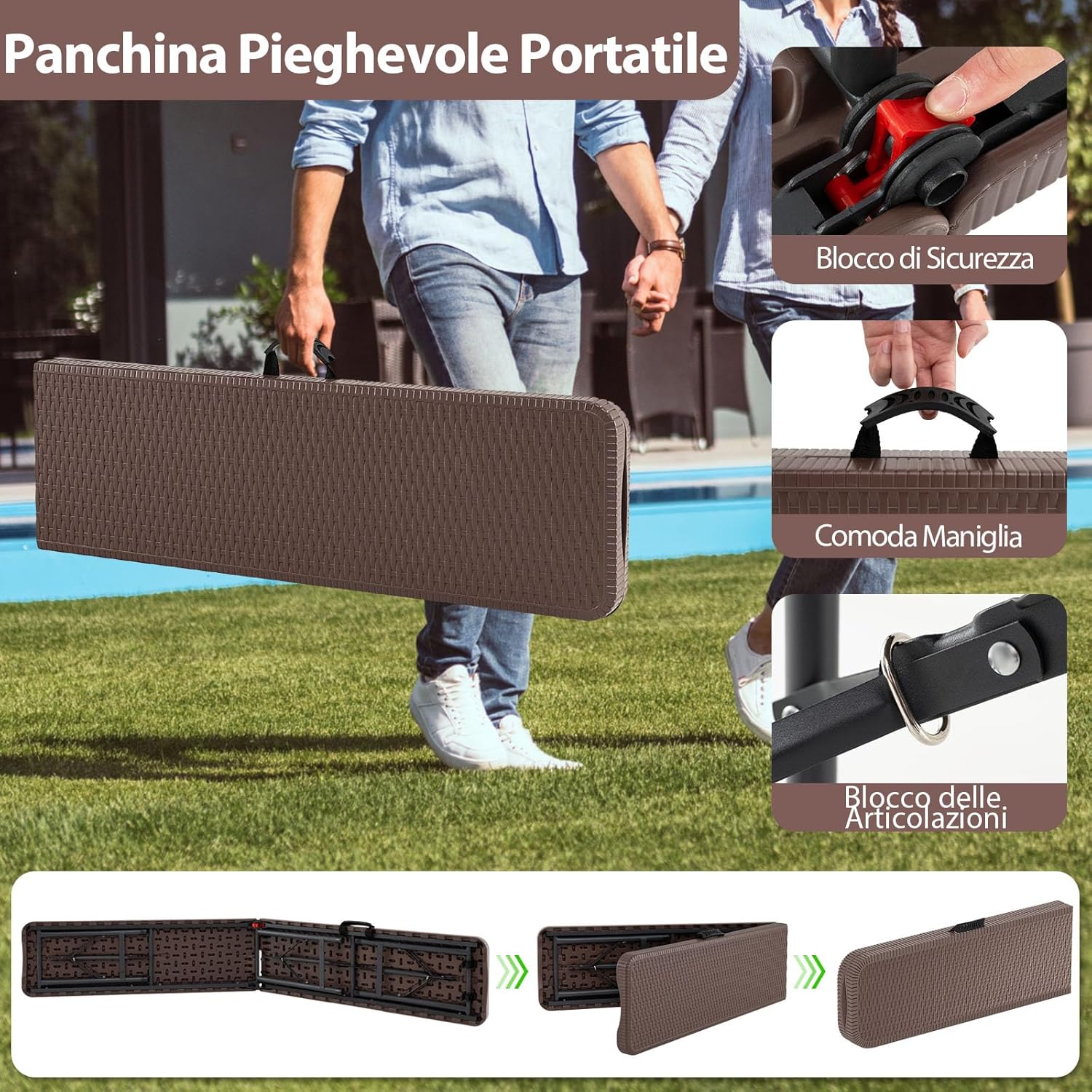 Panca da Giardino 180 cm, Panca Pieghevole da Picnic in HDPE, per Giardino Campeggio Festa, Portata 600 kg (Panca)