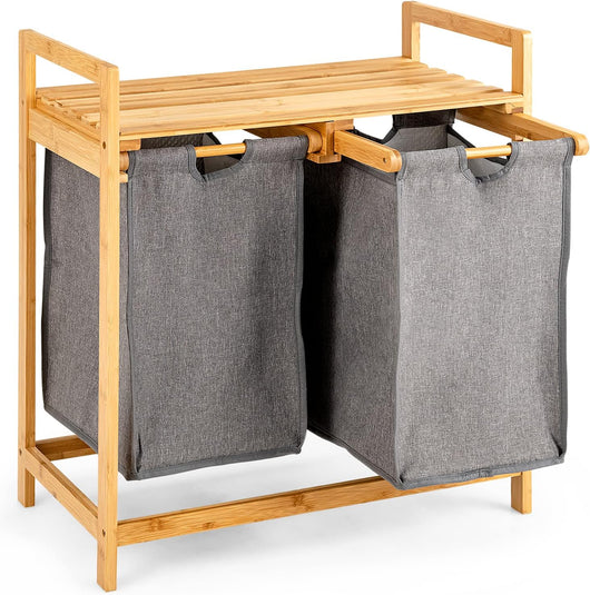 Cesto Portabiancheria in Bambù, Cesto della Biancheria Sporca con 2 Scompartimenti Estraibili, con Borse Rimovibili e Mensola in Alto, 64 x 33 x 73 cm, Naturale