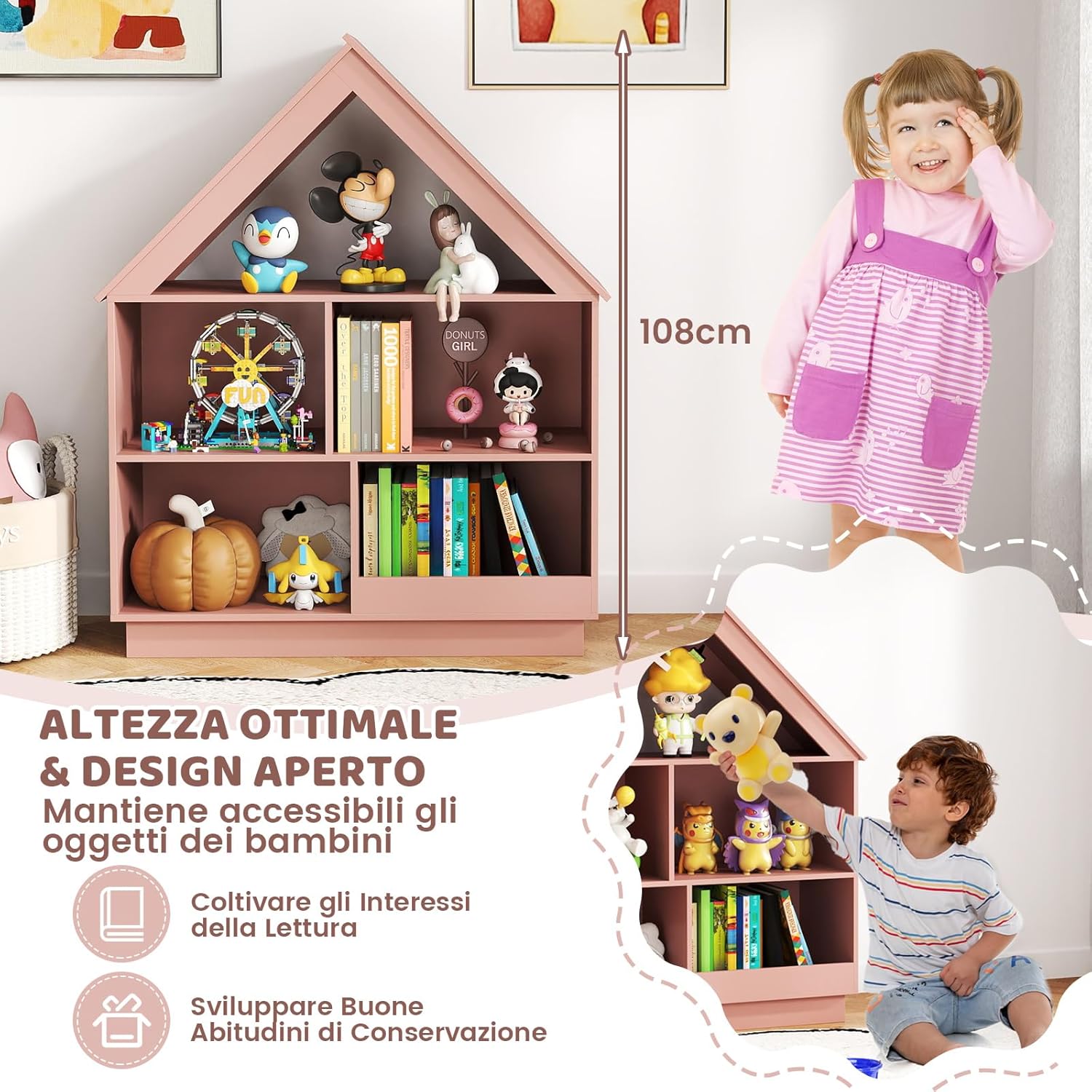 Libreria per Bambini a Forma di Casa, Scaffale in Legno con 5 Cubi per Giocattoli, Organizer di Stoccaggio Antiribaltamento, Scaffale Aperto a 3 Livelli, 88x34x108 cm (Rosa)