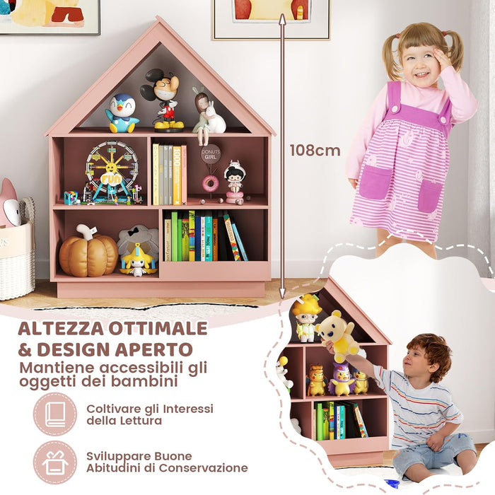 Libreria per Bambini a Forma di Casa, Scaffale in Legno con 5 Cubi per Giocattoli, Organizer di Stoccaggio Antiribaltamento, Scaffale Aperto a 3 Livelli, 88x34x108 cm (Rosa)