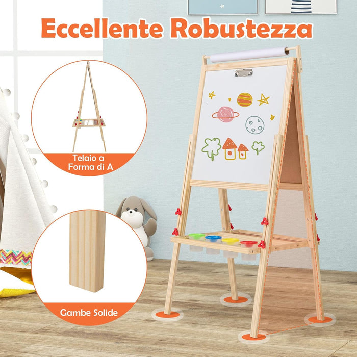 3 in 1 Cavalletto per Bambini, Cavalletto Doppia Faccia Regolabile con Lavagna Magnetica e Bianca, Rotolo di Carta, 4 Bicchieri per Vernice e Vassoio per Stoccaggio, per Bambini 3-10 Anni