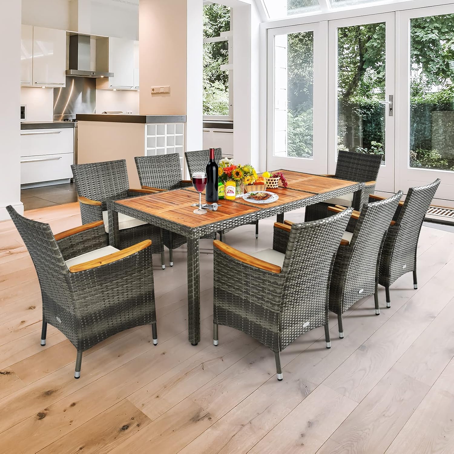 Set 9 Pezzi da Pranzo per giardino, Set di Mobili Esterno in Rattan PE, con 1 Tavolo Rettangolare e 8 Sedie con Cuscini, Ideale per Giardino Piscina e Cortile