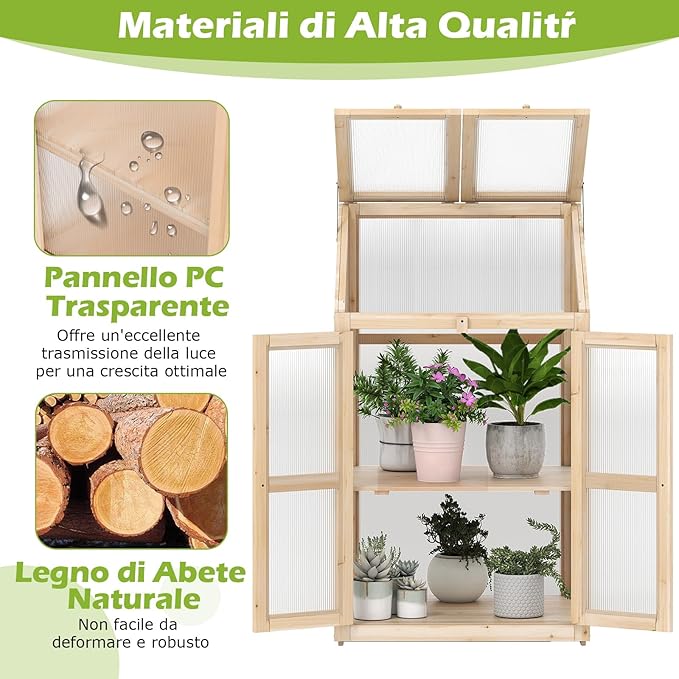 Serra da Balcone, Serra in Legno con Ripiano Fiori Rialzato, Tetto Trasparente Apribile, Porta Bloccabile e Ripiani Rimovibili, per Giardino e Cortile, 69 x 58 x 121 cm