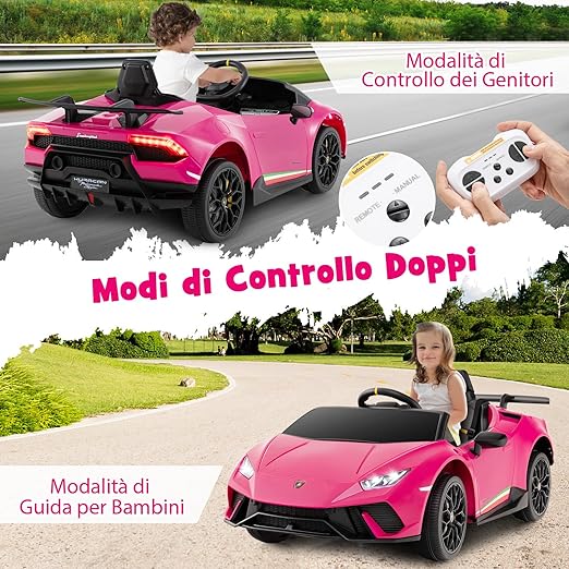 12V Lamborghini Auto Elettrica per Bambini, Macchina Elettrica Cavalcabile con Telecomando, Luci LED Musica e Funzione di Avvio Lento, 3-5 Km/h, per Bambini 3 Anni+ (Rosa)
