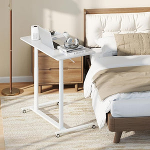 Scrivania Regolabile in Altezza a Forma di C, Scrivania con Ruote Bloccabili e Struttura in Metallo, Tvolo Portatile per Laptop e per Spazi Ridotti (Bianco)