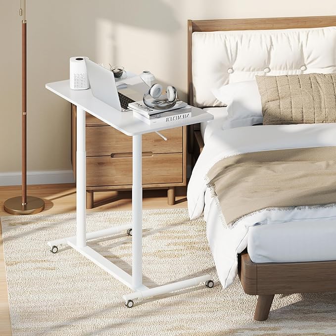 Scrivania Regolabile in Altezza a Forma di C, Scrivania con Ruote Bloccabili e Struttura in Metallo, Tvolo Portatile per Laptop e per Spazi Ridotti (Bianco)