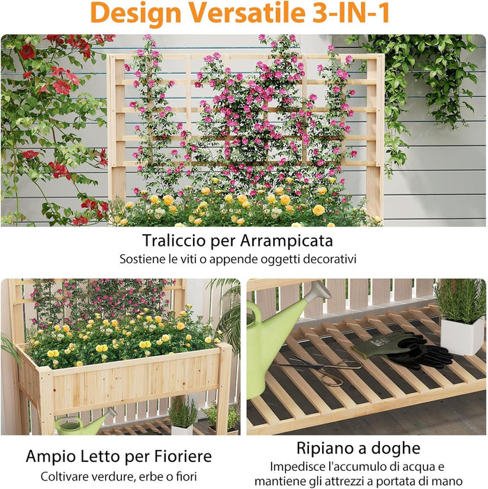 Letto da Giardino Rialzato, Fioriera Elevata con Traliccio, Mensola di Stoccaggio e Fori di Drenaggio, Orto Rialzato per Cortile, Giardino e Patio, 116 x 59 x 150 cm (Naturale)