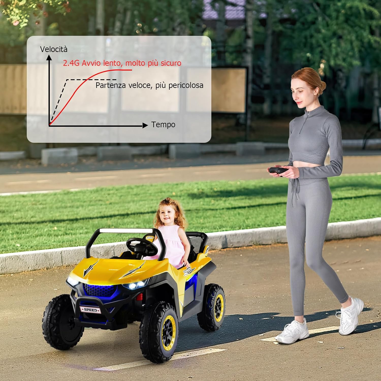 12V Auto Elettrico per Bambini, Macchina Fuoristrada a 2 Posti, Macchina Elettrica con Luci Suoni, Regalo per Bambini 3-8 Anni, 118x74x71 cm (Giallo)