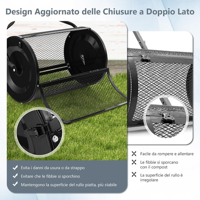 Spandiconcime a Rullo, Rullo da Giardino con Impugnatura Pratica Chiusure Laterali e Rete in Metallo per Concimazione e Semina, Spandiconcime per Prato e Giardino (41 x 60 cm Nero)