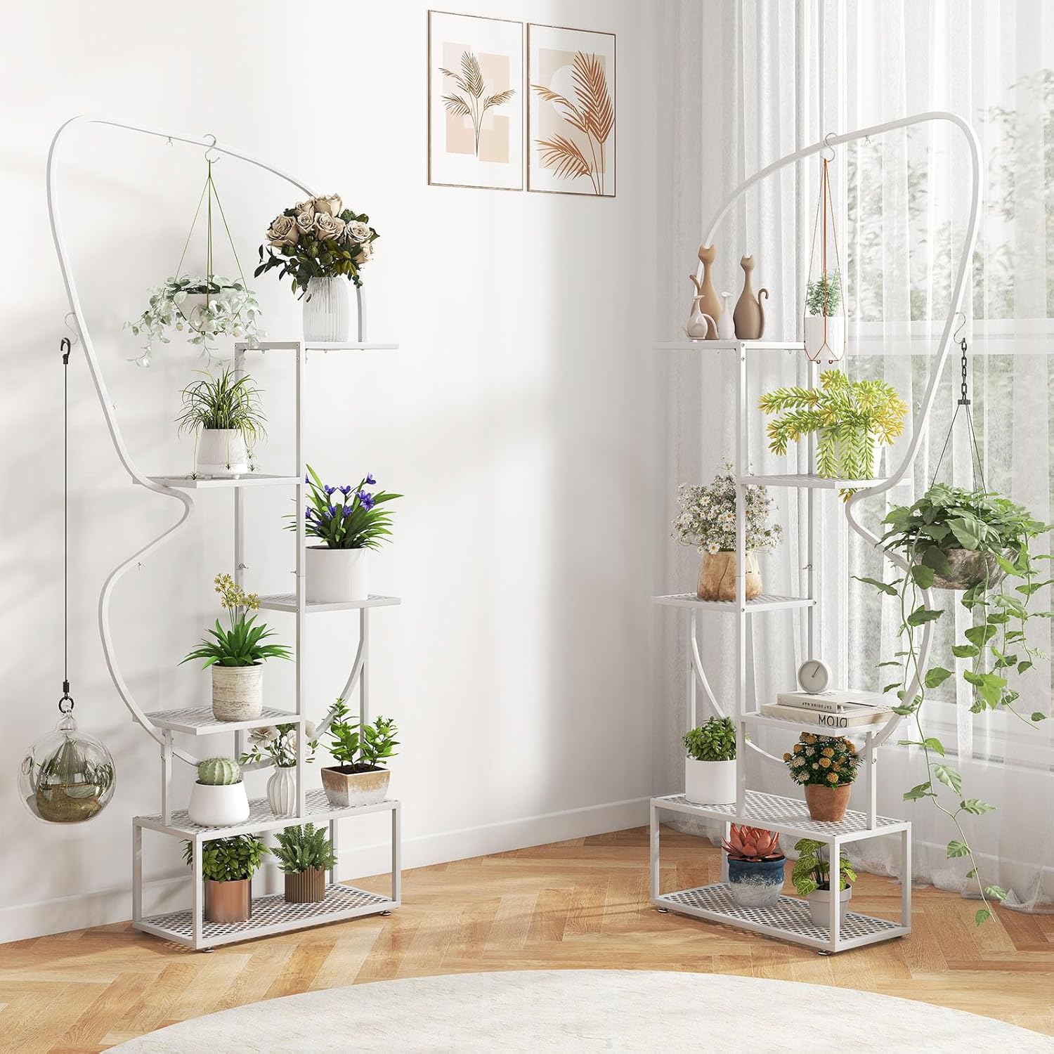 Scaffale Porta Piante a 6 Livelli, Scaffale per Vasi a Forma di Farfalla con 12 Ripiani in Rete Metallica e 4 Ganci, Mensola a Scala per Piante da Interno e Esterno (Bianco)