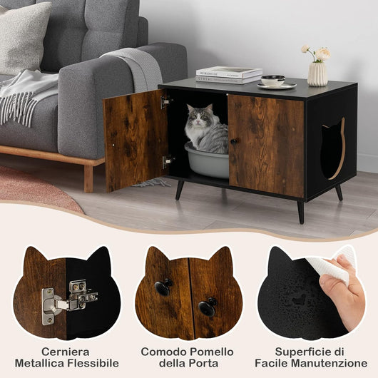 Mobile per Lettiera per Gatti, Casetta per Gatti con Divisore e 2 Ingressi a Forma di Testa di Gatto, Tavolino in Legno Versatile per Salotto, 80 x 50 x 57 cm, Marrone e Nero