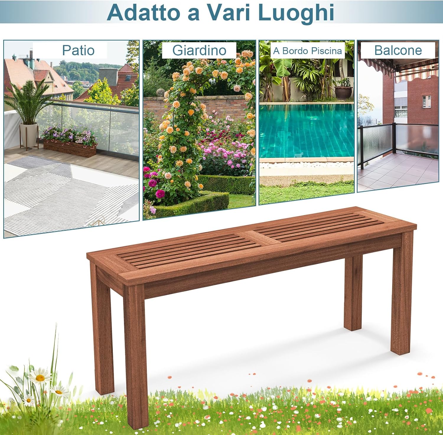 Panchina da Giardino 100 x 30,5 x 47cm, Set di Panca in Legno Massello da Esterno con Sedile a Doghe e Robusto Telaio, Arredo per Balcone e Ingresso, Naturale (1)