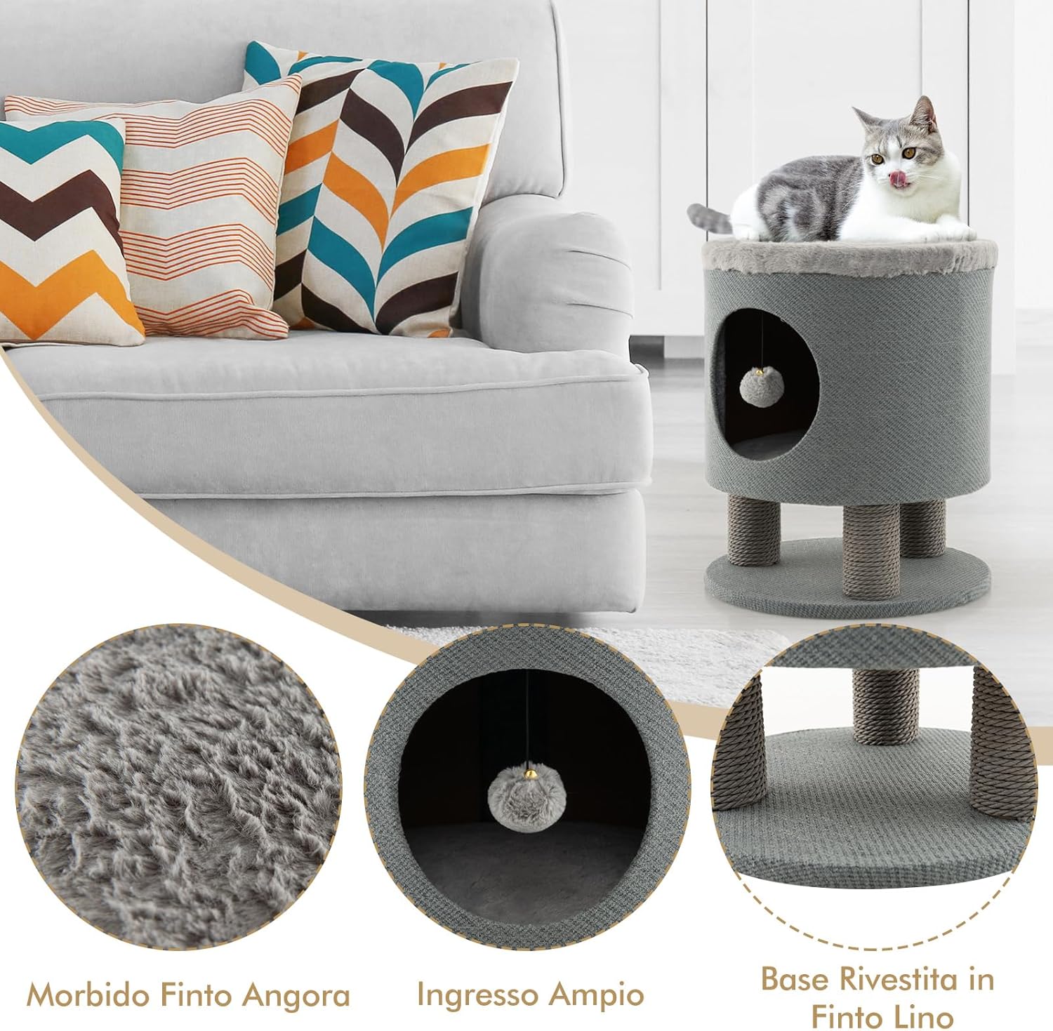 Casetta per Animali Domestici, Cuccia per Gatti con Pali Tiragraffi e Pallina di Peluche, Mobile Multiuso 3-IN-1 per Gatti Piccoli e Medi (Grigio)