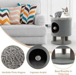Casetta per Animali Domestici, Cuccia per Gatti con Pali Tiragraffi e Pallina di Peluche, Mobile Multiuso 3-IN-1 per Gatti Piccoli e Medi (Grigio)