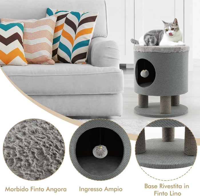 Casetta per Animali Domestici, Cuccia per Gatti con Pali Tiragraffi e Pallina di Peluche, Mobile Multiuso 3-IN-1 per Gatti Piccoli e Medi (Grigio)