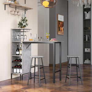 Set 3 Pezzi Tavolo e Sedie da Bar, Tavolo e Sgabelli da Pub Industriale con Porta Calici e 6 Portabottiglie da Vino, Set di Tavolo per Sala da Pranzo, Ristorante e Bar (Grigio)
