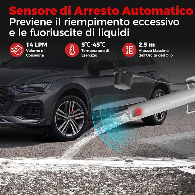 Pompa di Trasferimento del Carburante con Sensore di Arresto Automatico, Pompa Travaso Gasolio Elettrica a Batterie o Ricaricabile con Adattatore di 3 Dimensioni, con Infusione di 14L/ min