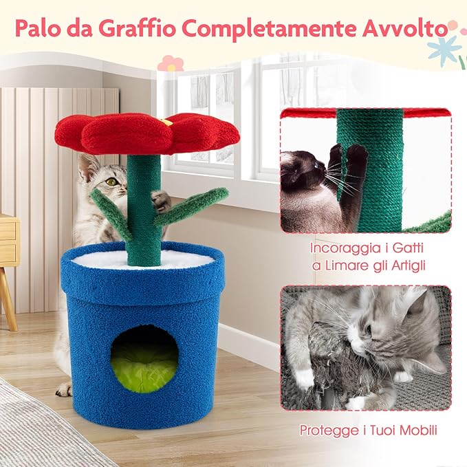 Albero per Gatti con Posatoio a Forma di Fiore, Condominio a Forma di Vaso, Tiragraffi a Forma di Stelo, Foglie Flessibili, Centro di Attività Versatile per Animali Domestici (Rosso)