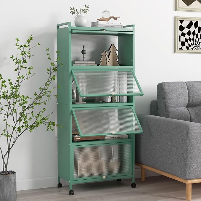 Armadio da Cucina a 5 Piani, Mobile per Microonde con Porte PC a Scomparsa, con 4 Ruote Girevoli, per Sala da Pranzo Soggiorno e Studio, 60x32x154 cm (Verde)