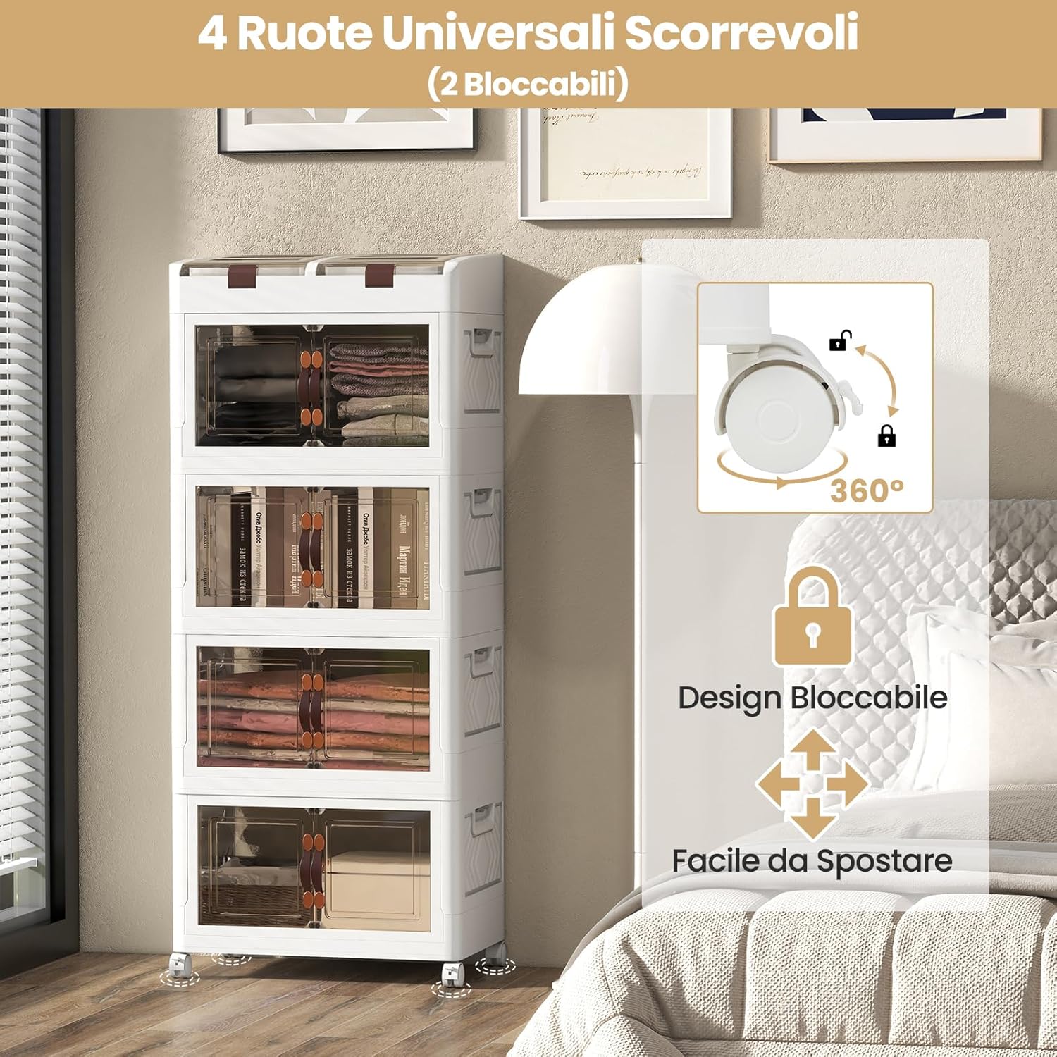 Scatole di Stoccaggio Pieghevoli con Coperchio, Set da 3/4 Contenitori con Ruote, Scatole Pieghevoli Organizer per Armadio con Porte Magnetiche ad Apertura Frontale, Multiuso(4 Livelli)