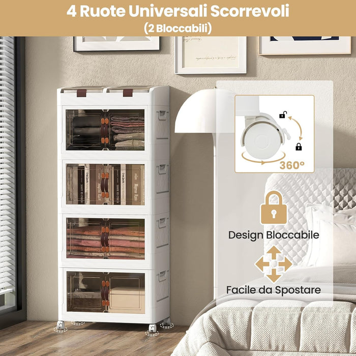 Scatole di Stoccaggio Pieghevoli con Coperchio, Set da 3/4 Contenitori con Ruote, Scatole Pieghevoli Organizer per Armadio con Porte Magnetiche ad Apertura Frontale, Multiuso(4 Livelli)