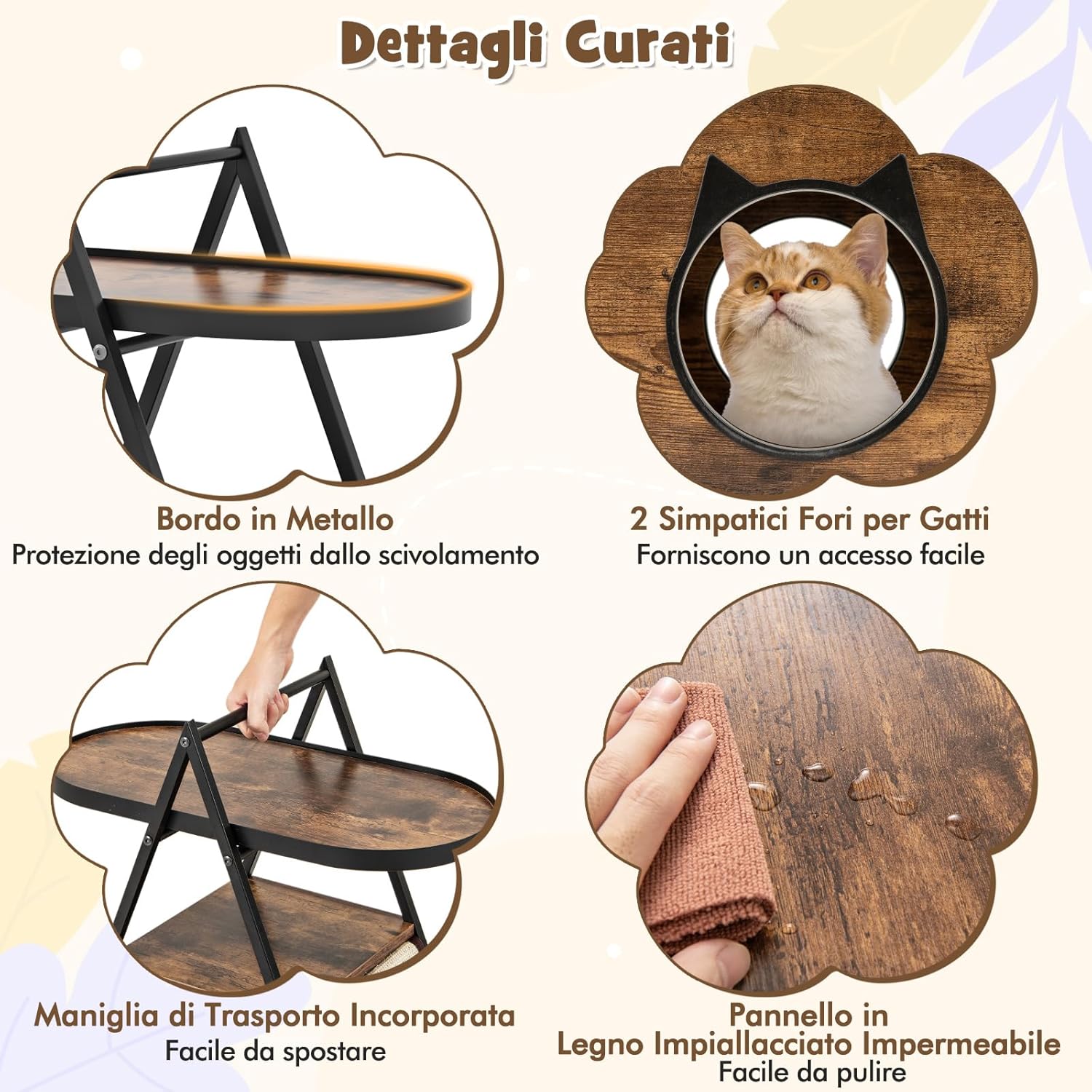 Mobile per Gatti, Tavolino Triangolare 2 in 1 con Condo Nascosto e Tappetini in Sisal, Comodino Moderno per Animali Domestici per Camera da Letto e Soggiorno in Legno e Metallo, 60 x 33 x 76cm