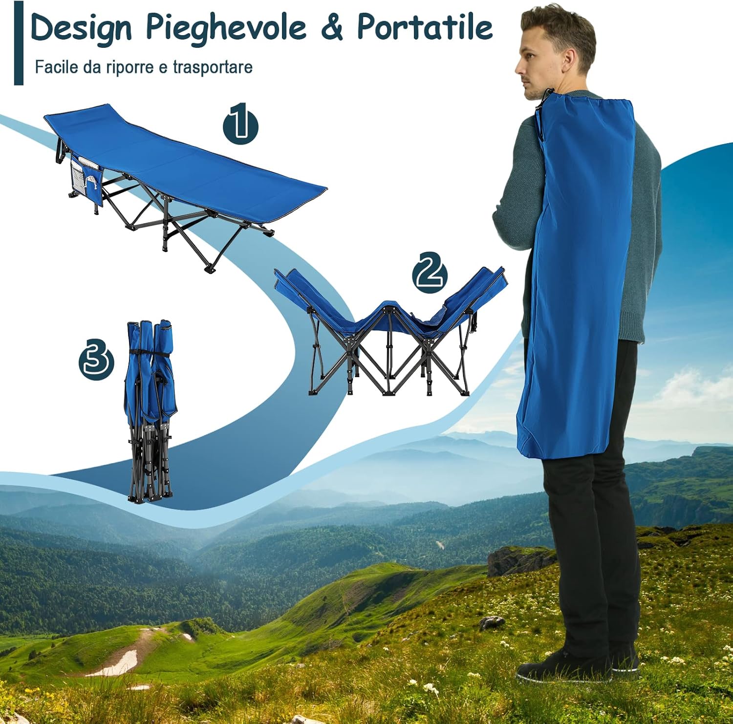 Brandina da Campeggio Pieghevole, Letto Portatile con Poggiatesta Inclinato, Tasca Laterale e Borsa di Trasporto, Branda Campeggio per Backpacking, Ospiti e Pesca, Portata 272 kg