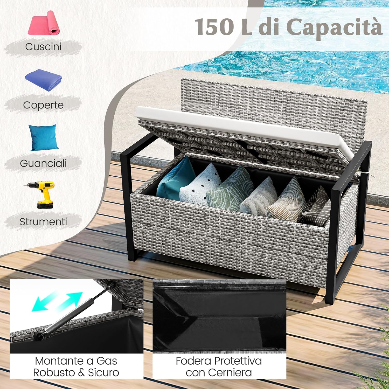 Panchina da Esterno in Rattan PE 117 x 62 x 85 cm, Cassapanca Contenitore da Esterno con Cuscino, Telaio in Metallo, Spazio di Stoccaggio e Fodera Protettiva per Patio, Bordo Piscina e Balcone