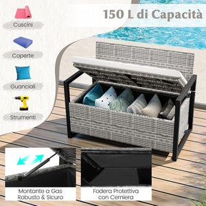 Panchina da Esterno in Rattan PE 117 x 62 x 85 cm, Cassapanca Contenitore da Esterno con Cuscino, Telaio in Metallo, Spazio di Stoccaggio e Fodera Protettiva per Patio, Bordo Piscina e Balcone