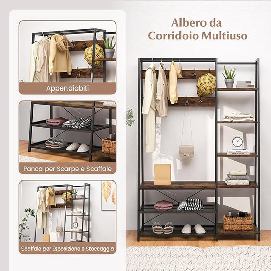 5 in 1 Appendiabiti con Ripiani, Stand Appendiabiti con 9 Ganci, 5 Ripiani Laterali e 2 Ripiani in Rete, Attaccapanni Industriale in Metallo, per Ingresso Soggiorno, 118x40x180 cm