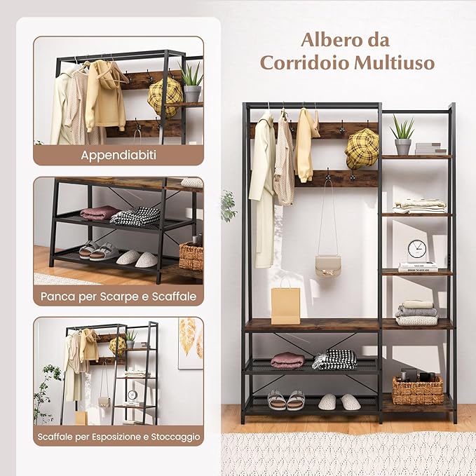 5 in 1 Appendiabiti con Ripiani, Stand Appendiabiti con 9 Ganci, 5 Ripiani Laterali e 2 Ripiani in Rete, Attaccapanni Industriale in Metallo, per Ingresso Soggiorno, 118x40x180 cm