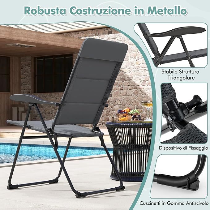 Set di 2 Sedie da Giardino, Poltrona Reclinabile da Giardino con Schienale Regolabili a 7 Posizioni, Sedia Pieghevole Imbottite per Giardino,Spiaggia, Portata 136 kg (Grigio)