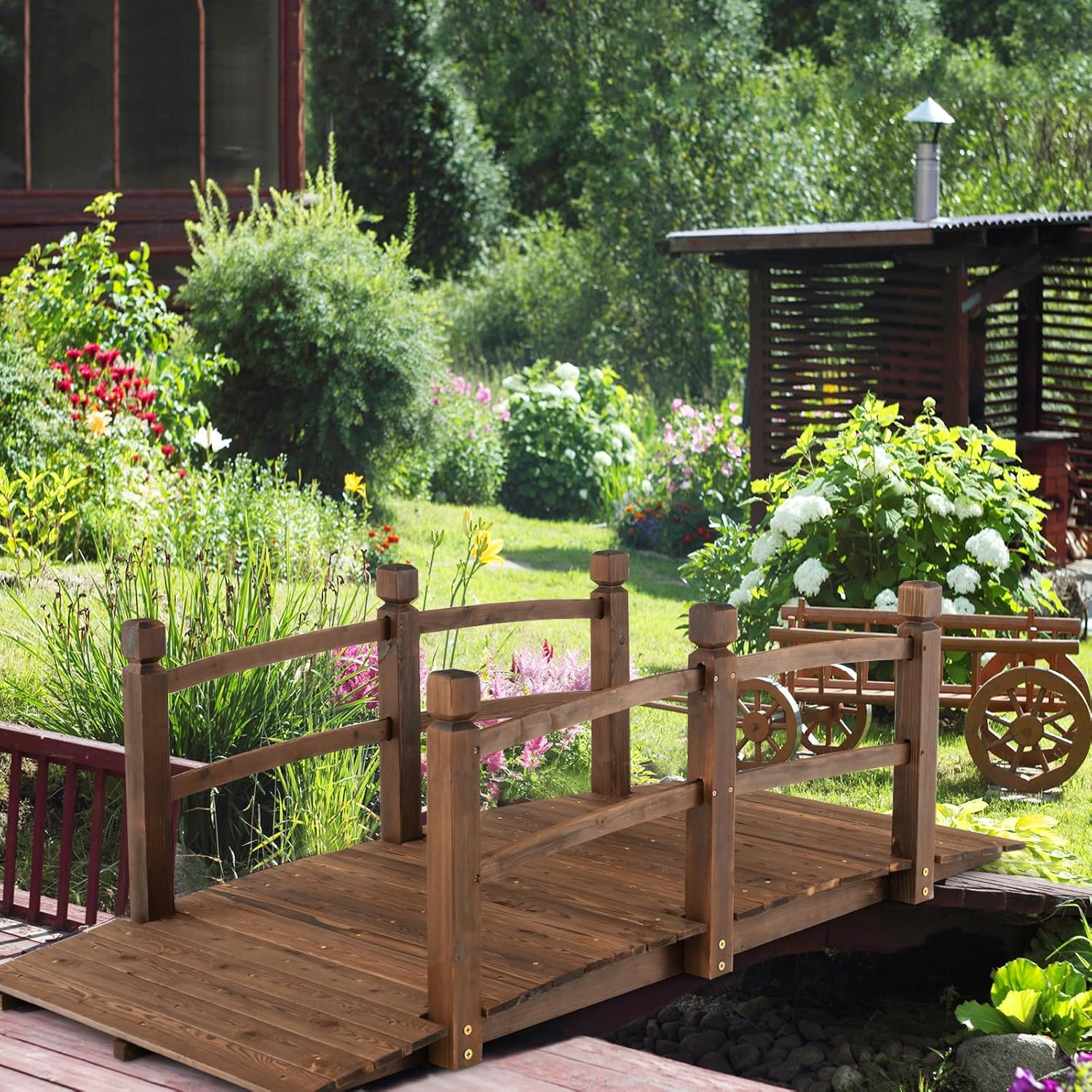 Ponte da Giardino in Legno di Abete 170 cm, Ponticello Decorativo con Ringhiere di Sicurezza, per Giardino Cortile e Fattoria, 171x76,5x58,5cm, Portata 180 kg