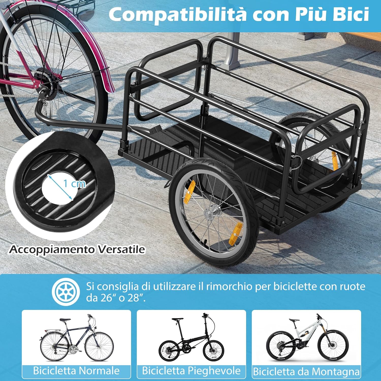 Carrello Cargo per Bicicletta Pieghevole, Rimorchio per Bici con Copertura in Tessuto Oxford e Ruote Pneumatiche con Relfettori, Carrello per Bici con Portata di 55 kg, 145,5 x 61 x 58 cm