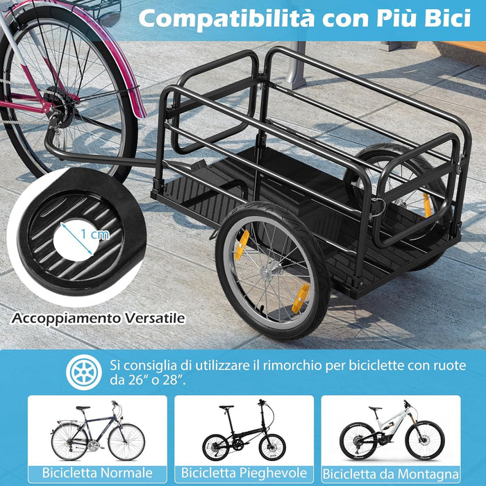 Carrello Cargo per Bicicletta Pieghevole, Rimorchio per Bici con Copertura in Tessuto Oxford e Ruote Pneumatiche con Relfettori, Carrello per Bici con Portata di 55 kg, 145,5 x 61 x 58 cm