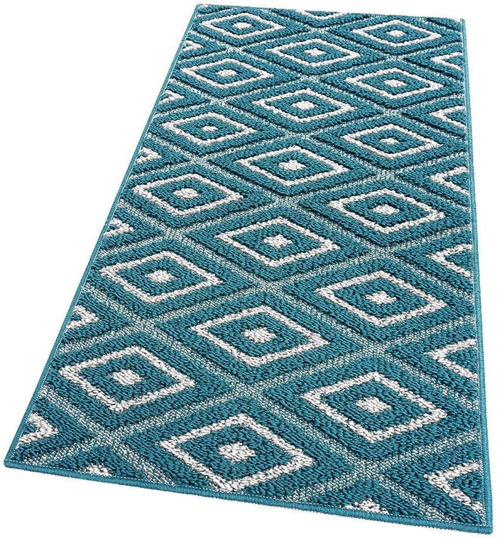 Tappeto Casa Cucina Rombi 3D 50X240 Cm Bordato Moderno Assorbente Antiscivolo Blu