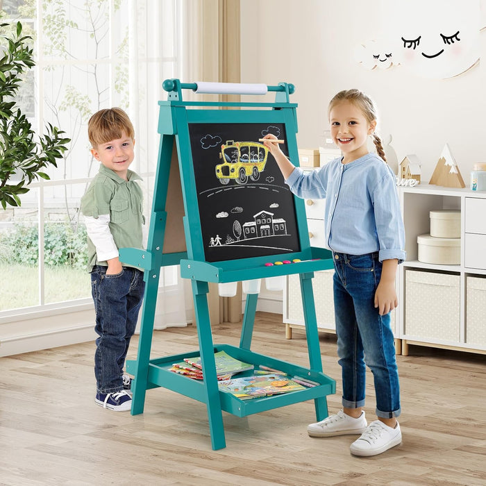 Lavagna per Bambini 3 in 1, Lavagna Magnetica con Lavagna Bifacciale, Rotolo di Carta, Vassoi Portaoggetti e 3 Bicchieri per Pittura, Cavalletto in Legno per Bambini 3+ Anni (Verde)