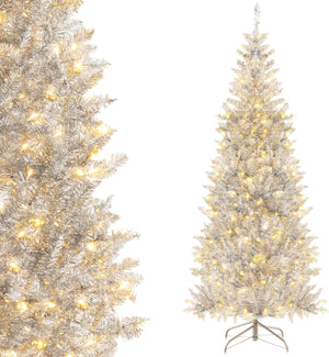 Albero di Natale 180 cm, Albero di Natale Artificiale Argento con 790 Rametti, 300 Luci a LED Bianco Caldo, Supporto Pieghevole in Metallo, Decorazione Natalizia per Ufficio e Casa