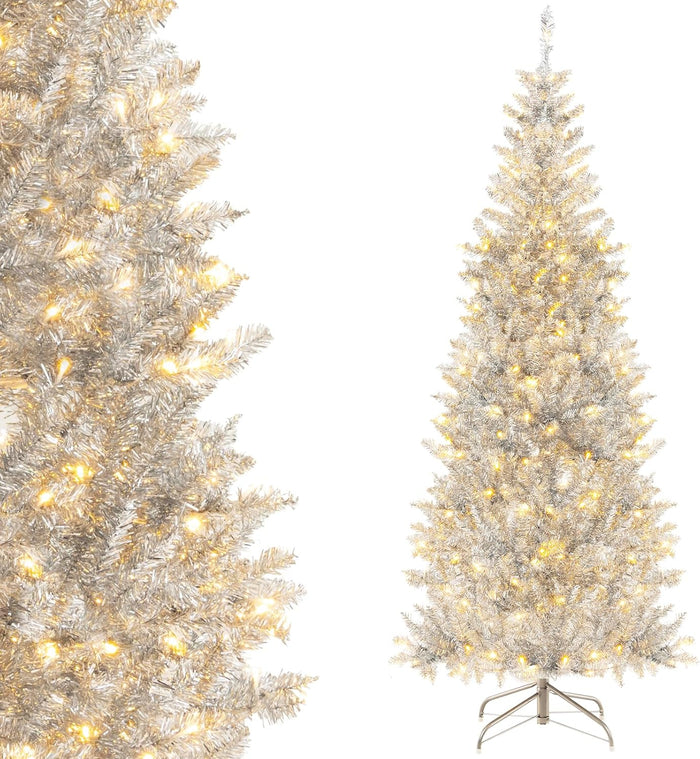 Albero di Natale 180 cm, Albero di Natale Artificiale Argento con 790 Rametti, 300 Luci a LED Bianco Caldo, Supporto Pieghevole in Metallo, Decorazione Natalizia per Ufficio e Casa
