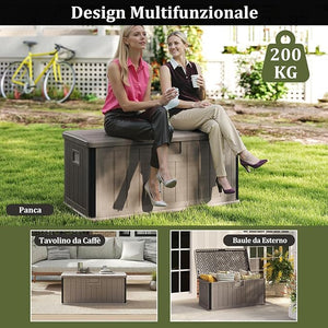 Baule da Esterno 378 L Impermeabile, Cassapanca Contenitore in Resina con Coperchio Bloccabile, Contenitore Salvaspazio per Giardino e Cortile, 130 x 64 x 59 cm (Marrone)