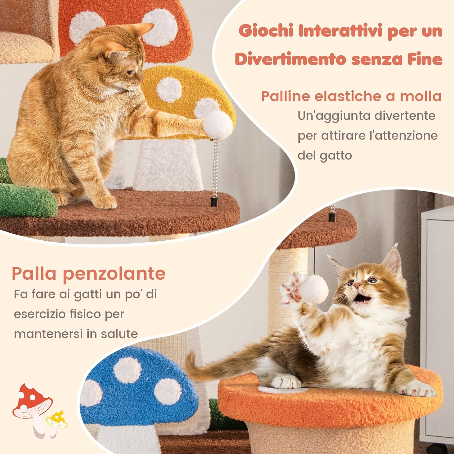 Albero per Gatti 4 in 1, Torre Multilivello per Gatti con 2 Condo e Piattaforme, Centro di Attività per Gatti con Pali e Tiragraffi in Sisal, Palline Interattive