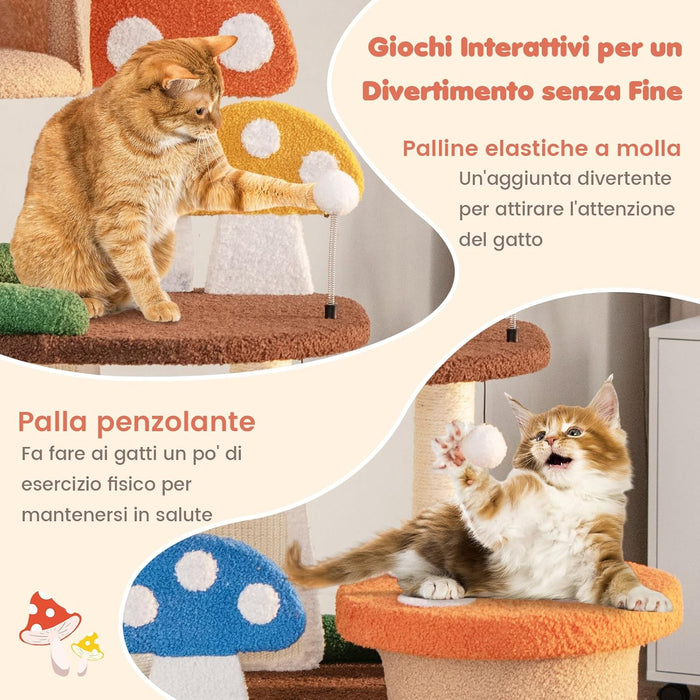 Albero per Gatti 4 in 1, Torre Multilivello per Gatti con 2 Condo e Piattaforme, Centro di Attività per Gatti con Pali e Tiragraffi in Sisal, Palline Interattive