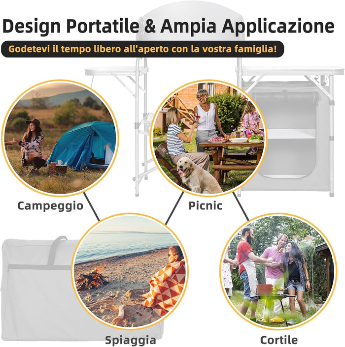 Tavolo da Campeggio all'Aperto con Portaoggetti, Borsa di Stoccaggio per il Trasporto, Tavolo da Griglia Pieghevole e Portatile per Feste BBQ, Campeggio, Grigio