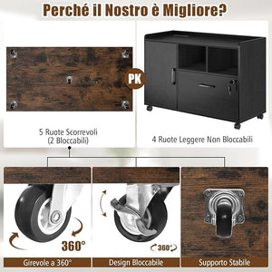 Mobiletto con 5 Cassetti e Anta, Cassettiera per Documenti con 5 Ruote e Ripiano Regolabile, per Soggiorno, Ufficio e Cucina, 79 x 40 x 65 cm (Marrone)