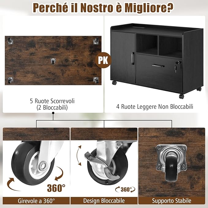 Mobiletto con 5 Cassetti e Anta, Cassettiera per Documenti con 5 Ruote e Ripiano Regolabile, per Soggiorno, Ufficio e Cucina, 79 x 40 x 65 cm (Marrone)