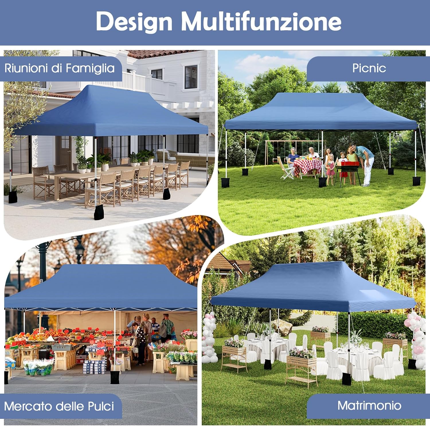 Gazebo Pieghevole da Giardino 3 x 6m, Gazebo Pop-up con Borsa da Trasporto, Regolabile in Altezza, per Feste (Blu)